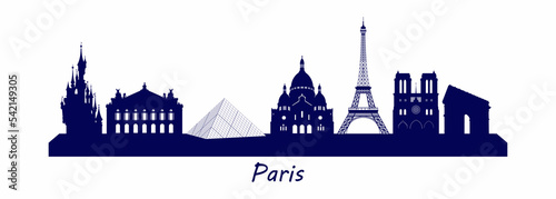 Famous Paris landmarks and historical buildings. Panoramic view of Paris, city silhouette. Eiffel Tower, Louvre, Sacred Heart, Notre-Dame de Paris, Arc de Triomphe, Palais Garnier, Disneyland.