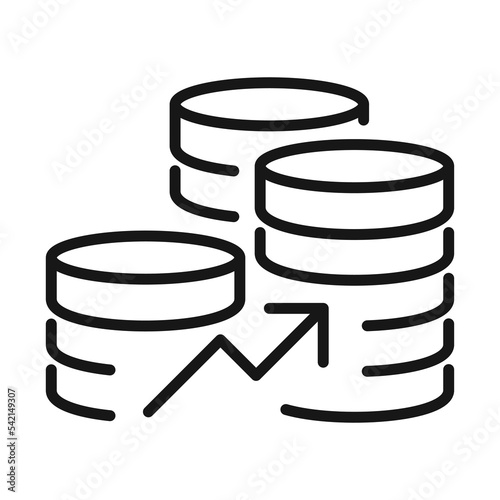 Black linear a stack of coins with growing up arrow. Growing charts of crypto coins vector icon. Finance and crypto.