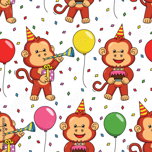 Cartoon monkey celebrating birthday seamless pattern design