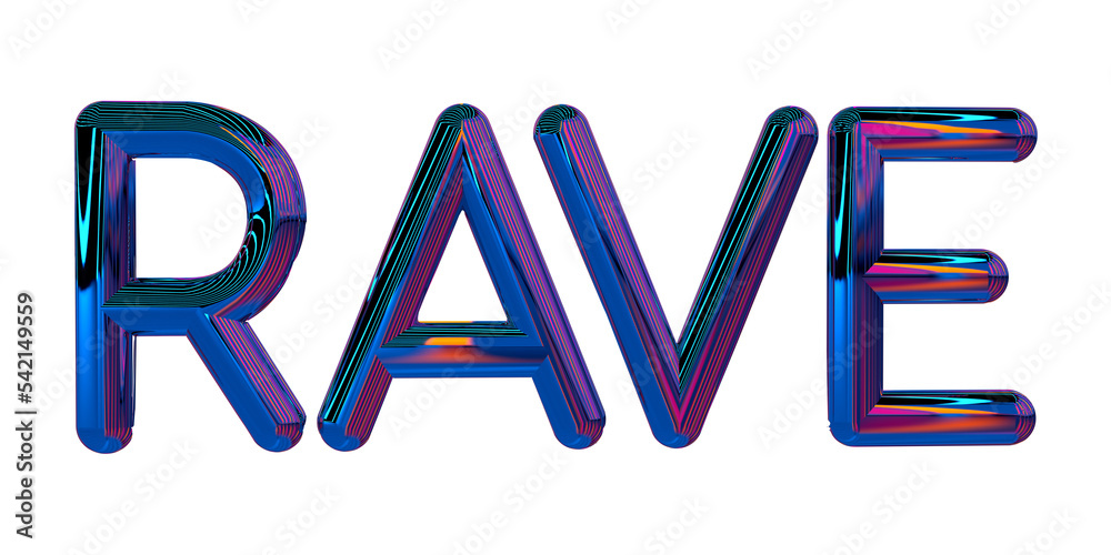 Isolated Word Rave in Metallic or Balloon material, 3D illustration.