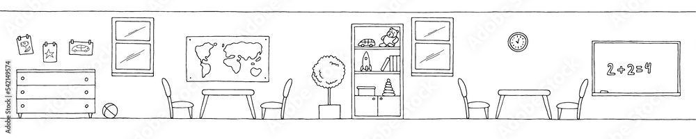 Kindergarten preschool classroom graphic black white interior long