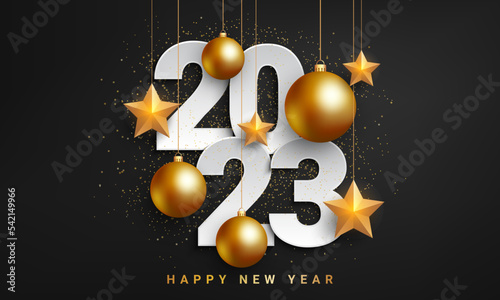 Fototapeta Naklejka Na Ścianę i Meble -  Happy new year 2023 banner. Luxury new year dark background design with golden elements. Vector illustration