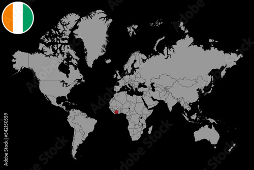 Pin map with Ivory Coast flag on world map. Vector illustration.