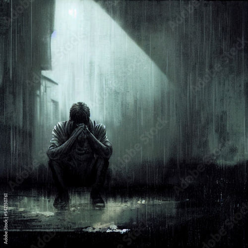 Fotobehang Man crying in the rain