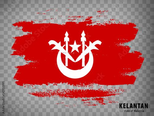 Flag of Kelantan from brush strokes. Flag State Kelantan of Malaysia with title on transparent background for your web site design, app, UI. Vector illustration. EPS10 photo
