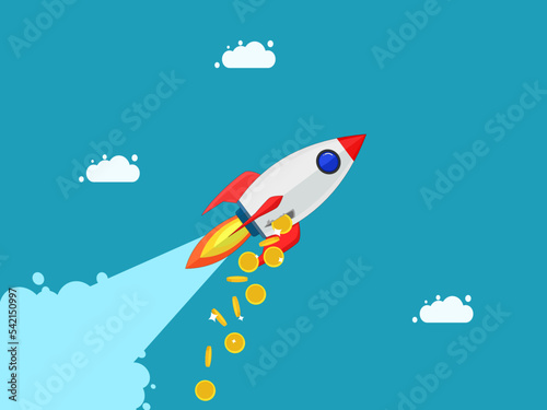 Startups make a lot of money. Money leaked from a rocket that was going up into the sky vector