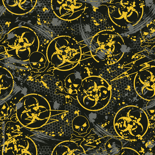 Seamless bright camouflage pattern with Biological hazard symbol, paint brush strokes, skull and crossbones, hexagon net. For apparel, fabric, textile, sport goods. Grunge texture