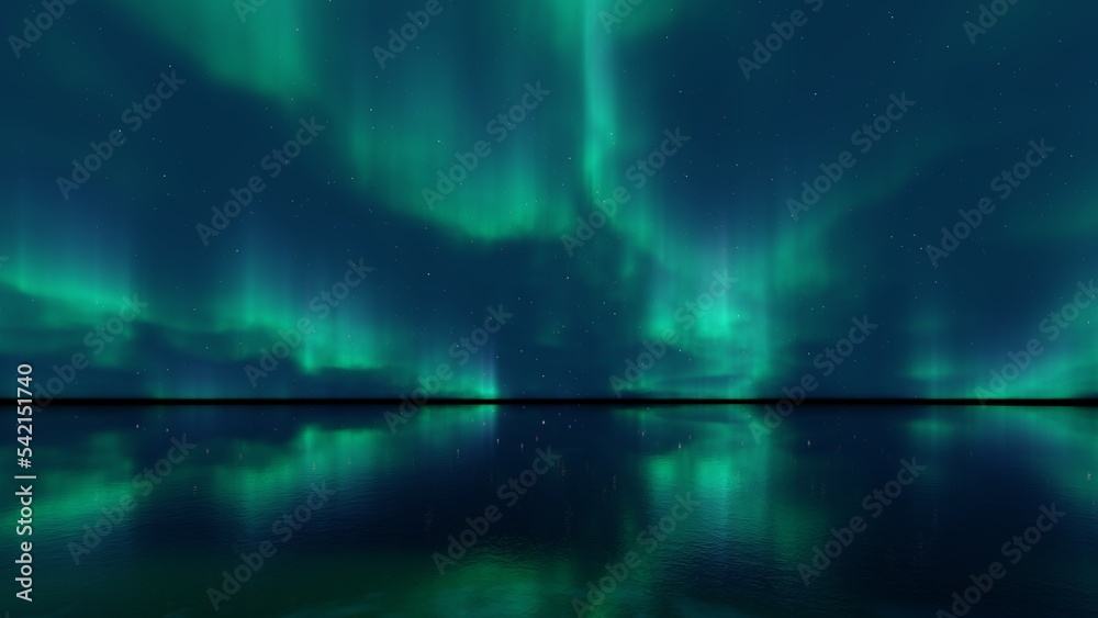 3d render of aurora borealis lights on sea.