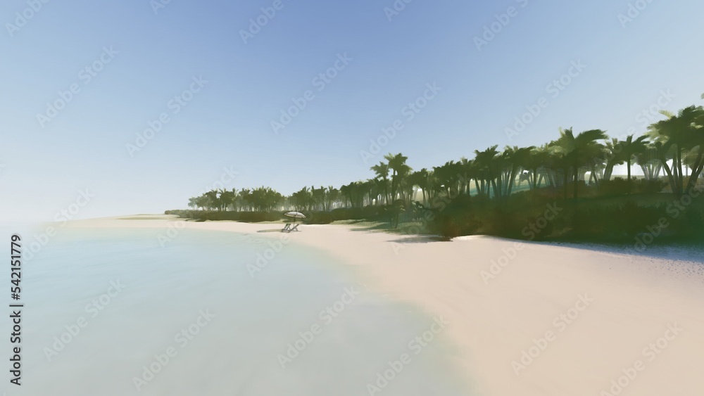 Drawing of an island seaside with a long beach and palm trees in the background. 3d illustration.