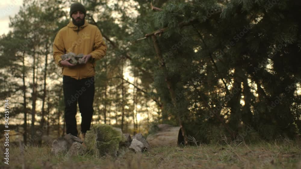 A survivalist chops wood for a nighttime bonfire. A survivalist chops wood for a nighttime bonfire.