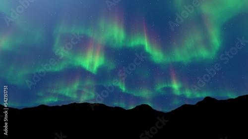 Aurora borealis lights and stars over the mountains, 3d render photo