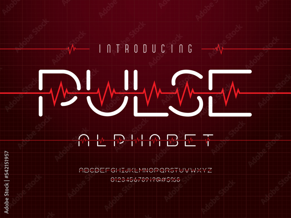 Heartbeat pulse line style alphabet design with uppercase, numbers and symbols