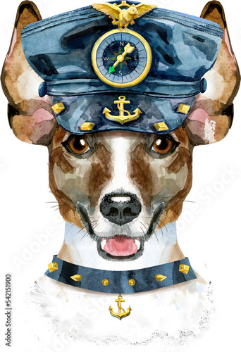 Watercolor portrait of jack russell terrier dog in collar and leather cap with anchor