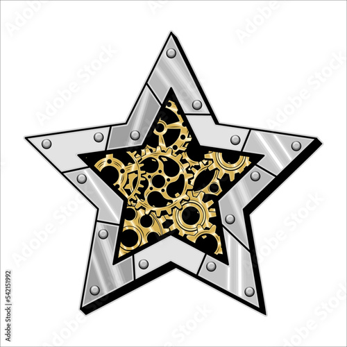 Christmas star made of shiny silver metal plates, gears, cogwheels, rivets in steampunk style. Vector illustration.