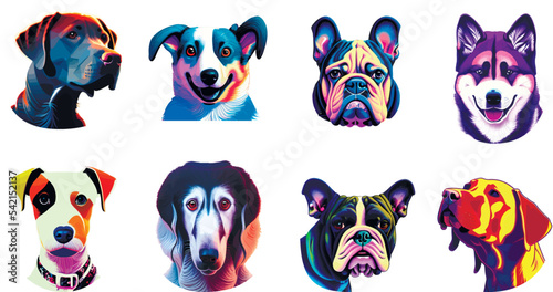 Portrait of cute dogs. Set of vector illustrations. Dalmatian, Labrador, Husky, Bulldog, Doberman, Shiba Inu, Akita, Corgi, Chihuahua, Dachshund
