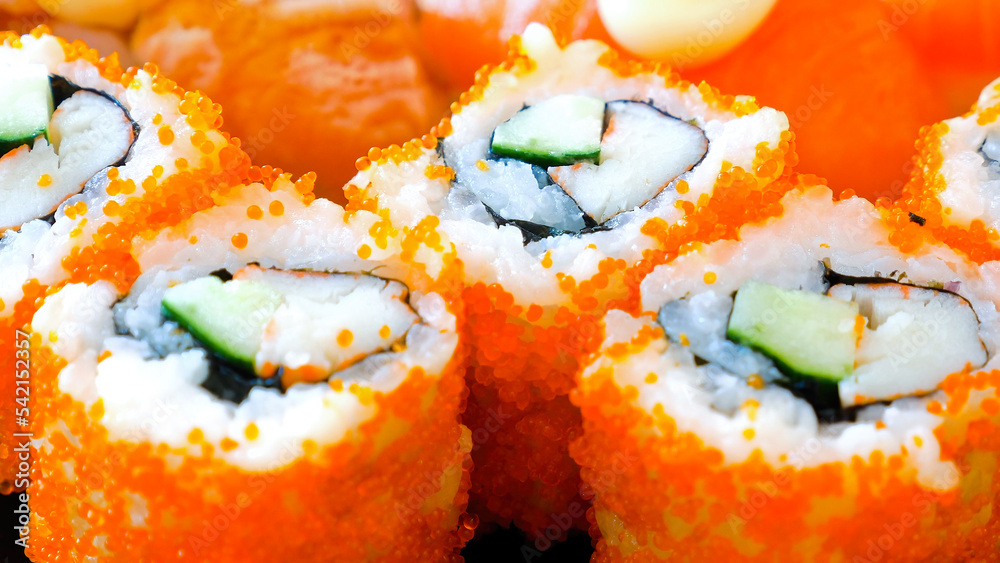 Close up of japanese California sushi roll serving in restaurant