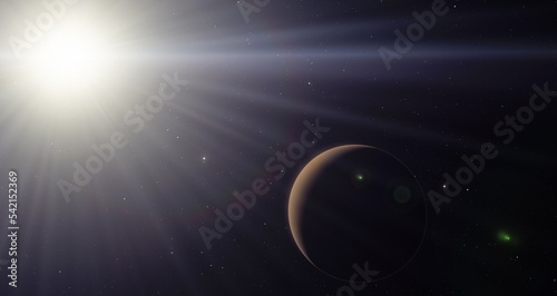 Mars and the sun in space, sunrise on Mars. Sun rays and a planet 3d illustration background