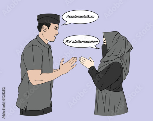Muslim men and women greet each other. Background Vector EPs10
