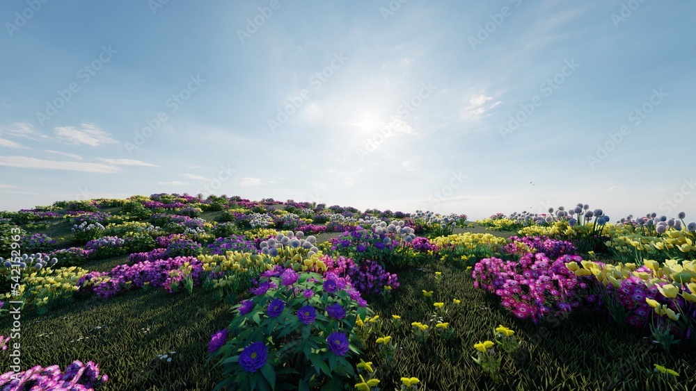 Colorful spring landscape with blooming flowers and blue sky. 3d illustration Colorful spring landscape with blooming flowers and blue sky. 3d illustration