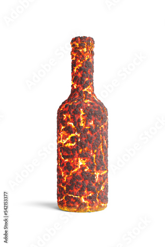 Object bottle shape lava rocks smelt, volcano hot magma ground , burning stone coals or rusted bottle on white background. Studio light shadow with clipping path. 3D illustration. © chawalit