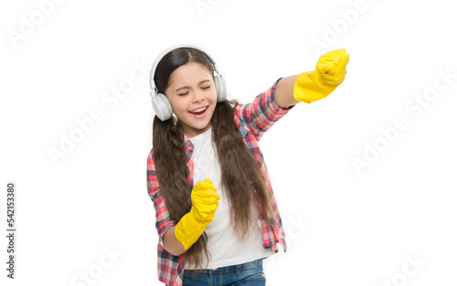 Crazy housewife having fun during housekeeping. listening to music while cleaning. little household having fun. ready for home cleaning. motivating playlist. small girl doing housework and chores