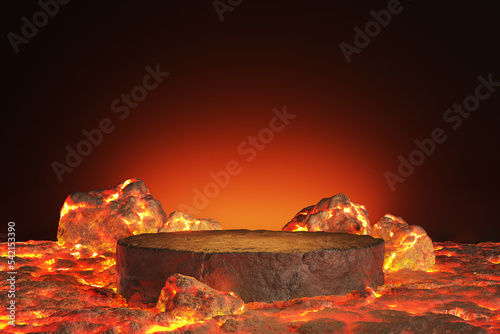 Podium lava rocks smelt, volcano hot magma ground , burning coals planet on black and dark background. Light shadow platform product display advertisement stand stone in underworld. 3D illustration.