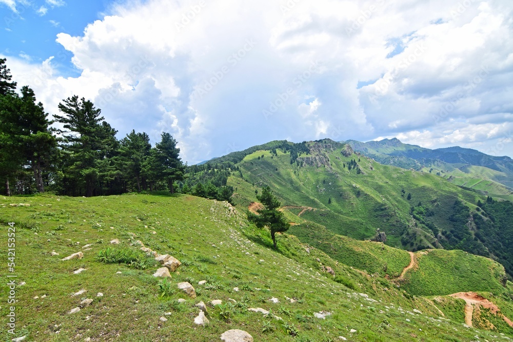 Aerial of beautiful green mountains under a blue cloudy sk Aerial of beautiful green mountains under a blue cloudy sk
