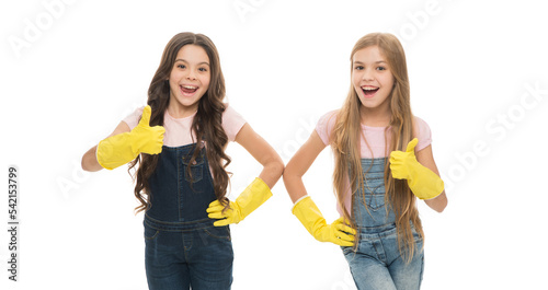 Thumbs up for the work around the house. Happy small cleaners enjoy doing cleaning work. Little girls performing house work. All kinds of cleaning work