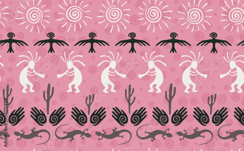 Kokopelli with flute, pangolin, hawk, sun symbol, hands and plant tribal vector seamless pattern.