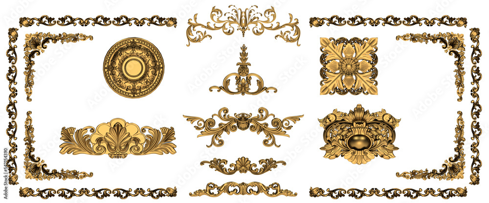 Decorative noble golden vintage style ornamental stucco and plaster embellishment elements for anniversary, jubilee and festive designs - obrazy, fototapety, plakaty 