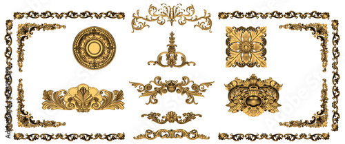 Decorative noble golden vintage style ornamental stucco and plaster embellishment elements for anniversary, jubilee and festive designs