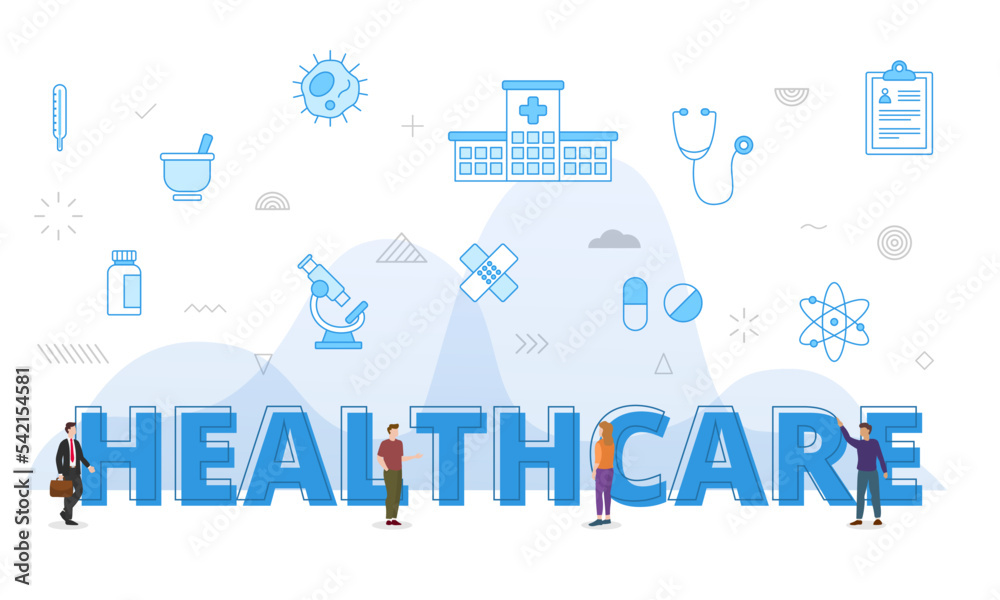 healthcare concept with big words and people surrounded by related icon spreading with modern blue color style