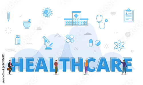 healthcare concept with big words and people surrounded by related icon spreading with modern blue color style