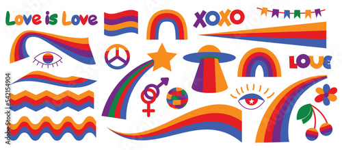 Set of hipster retro cool rainbow psychedelic elements. A collection of groovy cliparts iridescent from the 70s. Abstract design of cartoon stickers. Trend vector illustration