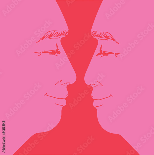 two pink loving happy love faces silhouetts side profile personalities looking at each others intimite agreement two sides illustration