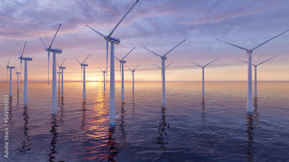 Wind turbines in the sea with sunset sky. 3d render.