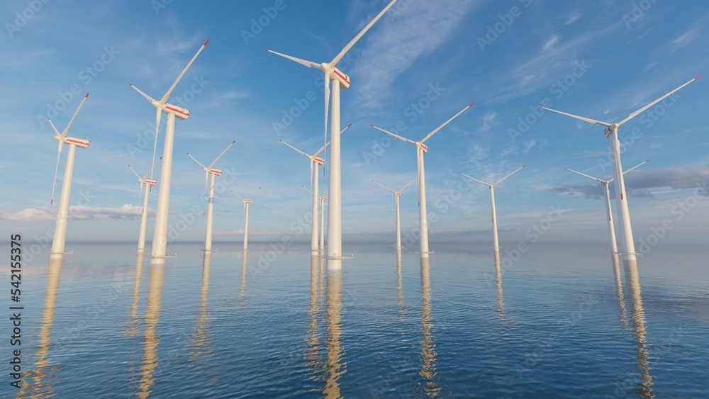 8k 7640x4320. Ocean Wind Farm. Windmill farm in the ocean. Offshore wind turbines in the sea. 3d render. 8k 7640x4320. Ocean Wind Farm. Windmill farm in the ocean. Offshore wind turbines in the sea. 3d render.