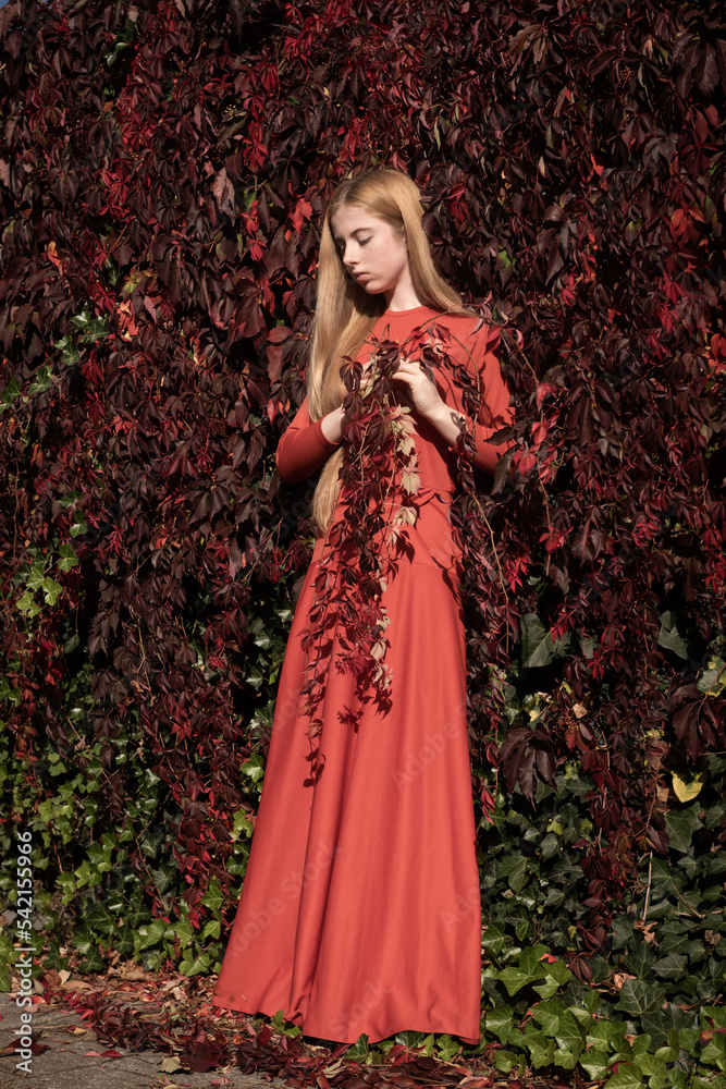 portrait in nature of blonde girl in a classic red dress and autumn colors portrait in nature of blonde girl in a classic red dress and autumn colors