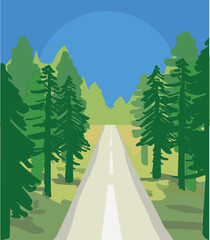Fotobehang Groen landscape road highway travel  view nature vector illustration sun  © @avolagrf