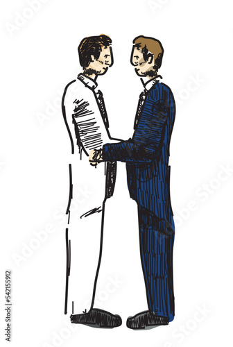 two man in love lgbt gay support holding hands groom and groom wedding characters cartoon drawing illustration woman and man love celebration ritual black and white on white background