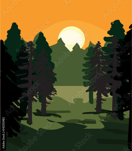 sun fall down sunset over forest horizont landscape road sunrise view nature vector illustration sun