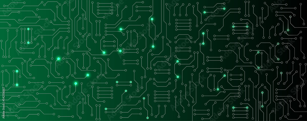 green circuit electronic or electrical line with circle glow engineering technology concept vector background