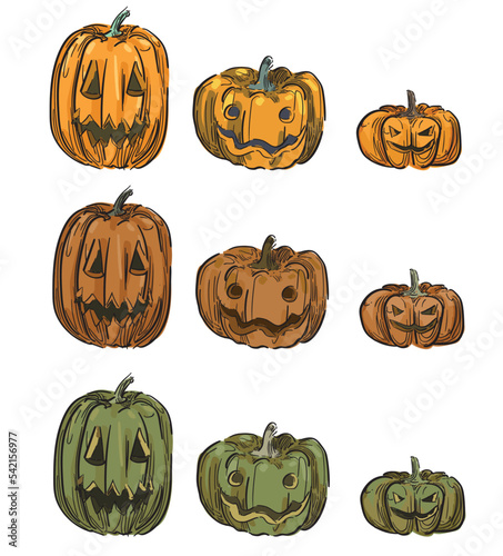 jakc o lantern pumpkin crawing Hand-Drawn halloween spooky decoration tradition Autumn october Pumpkins different typesIllustration isolated on white background