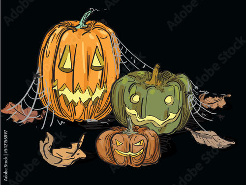 jakc o lantern pumpkin crawing Hand-Drawn halloween spooky decoration tradition Autumn october Pumpkins different typesIllustration isolated on black background
