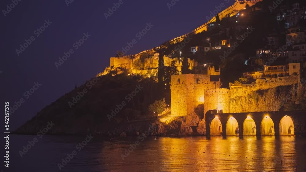 4k, panoramic night view of the fortress of Alanya, Antalya, Turkey