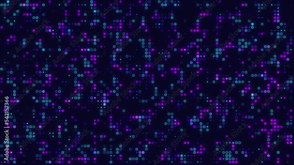 Abstract digital grid motion background loop, purple and blue neon circles in a pixel pattern, 2D animation seamless looping Abstract digital grid motion background loop, purple and blue neon circles in a pixel pattern, 2D animation seamless looping
