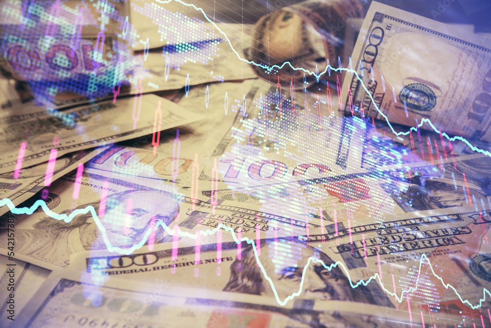 Multi exposure of forex chart drawing over us dollars bill background. Concept of financial success markets. Multi exposure of forex chart drawing over us dollars bill background. Concept of financial success markets.