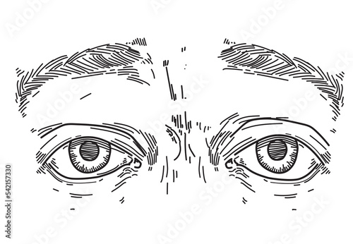 close up expression confusion  eyes look face illustration line drawing on white background