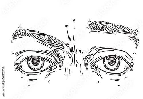 close up expression confusion eyes look face illustration line drawing on white background