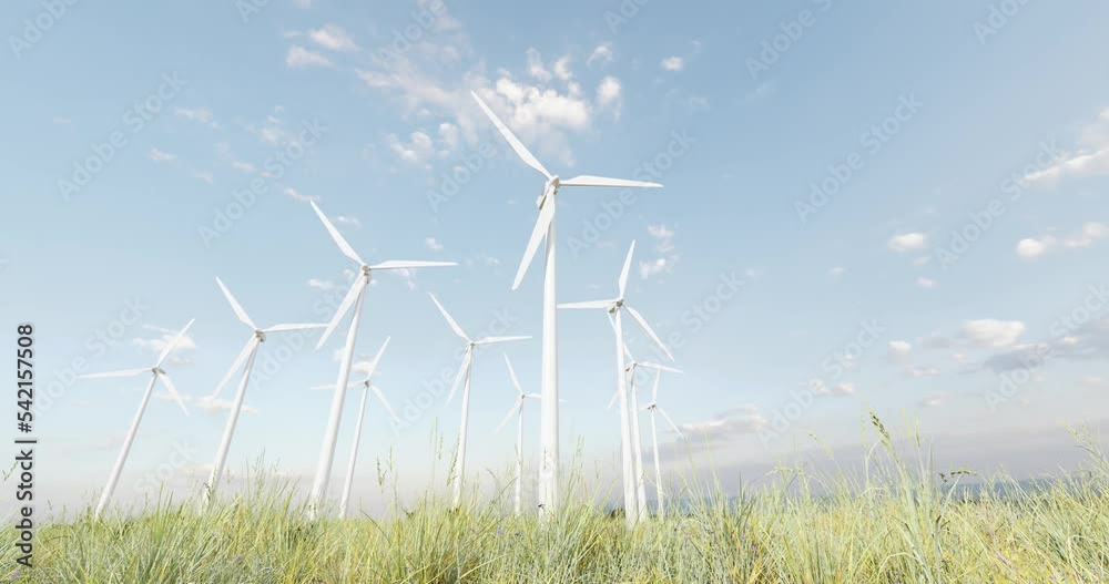 Wind turbines in green field. 3d loop animation Wind turbines in green field. 3d loop animation